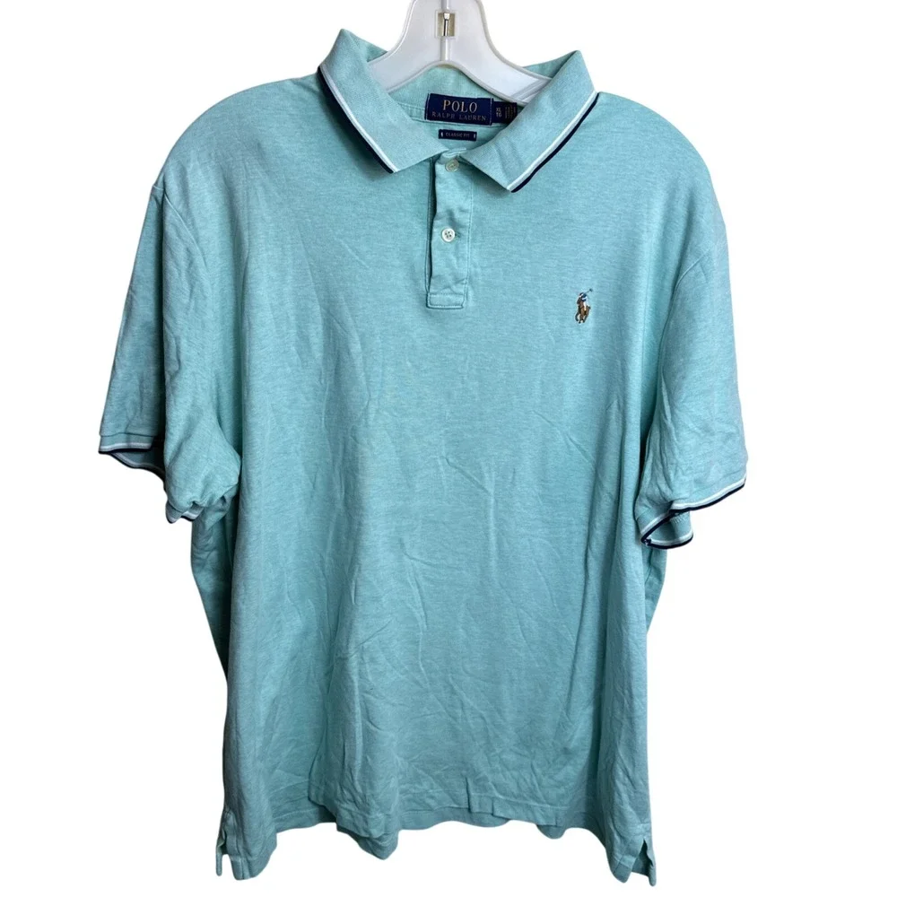 Polo Ralph Lauren Classic Fit‎ Mint Green Heather Polo Shirt Mens XL Tipped